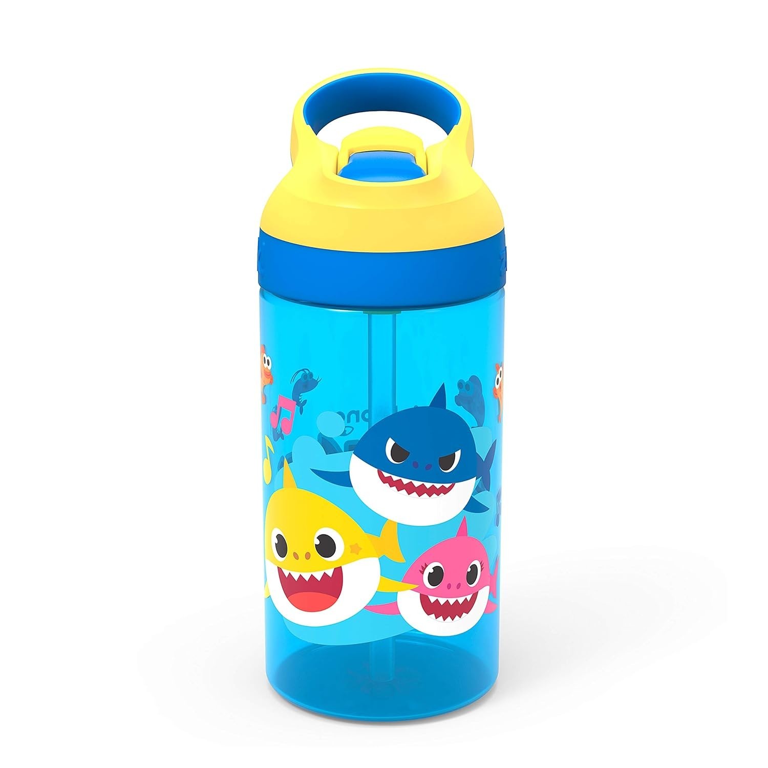 Garrafa Infantil Baby Shark Zak Designs - 473ml com Canudo, Alça e Design à Prova de Vazamento