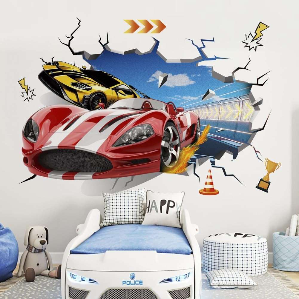 Decalques de Parede 3D Runtoo - Carros de Corrida para Decoração Infantil e Adulta