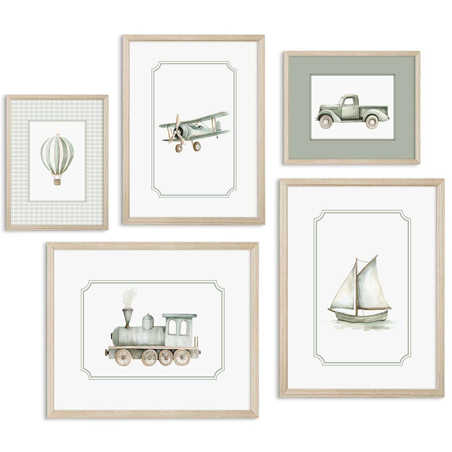Arte de Parede Infantil Vintage - Pôsteres em Tela para Berçário com Tema de Transporte e Avião