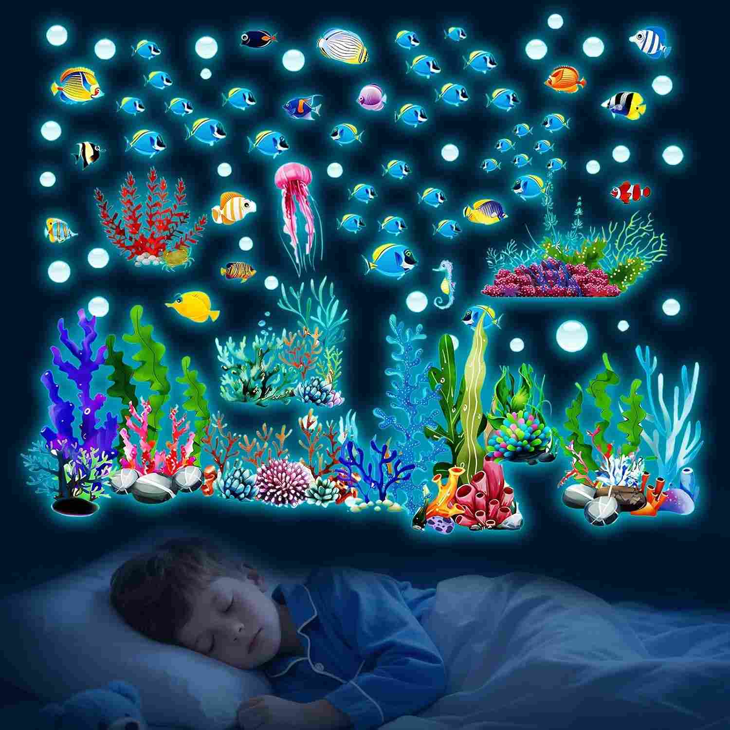 Adesivos de Parede Subaquáticos que Brilham no Escuro - Oceano Encantador para Quarto Infantil