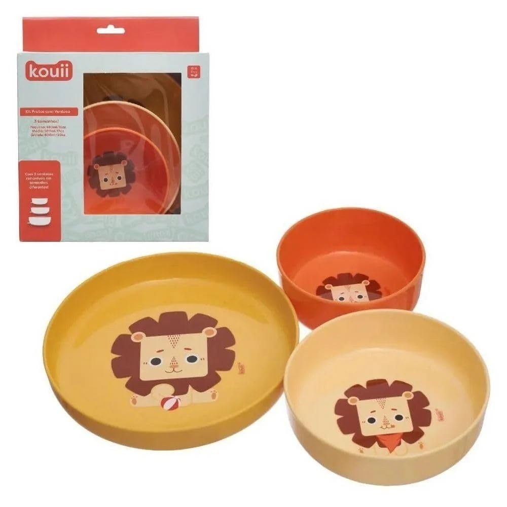 Kit 3 Pratos com Ventosa Kouii Filhotiis Leão Leo - Segurança e Diversão na Alimentação Infantil