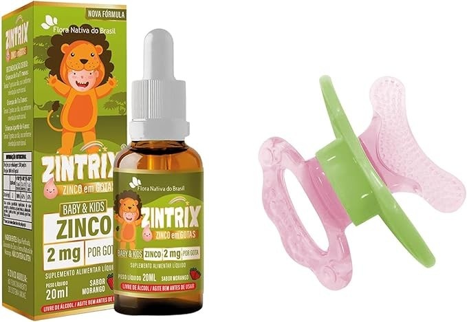 BUBA Mordedor Massageador Rosa + Zintrix Suplemento Infantil de Zinco 20ml Morango - Flora Nativa