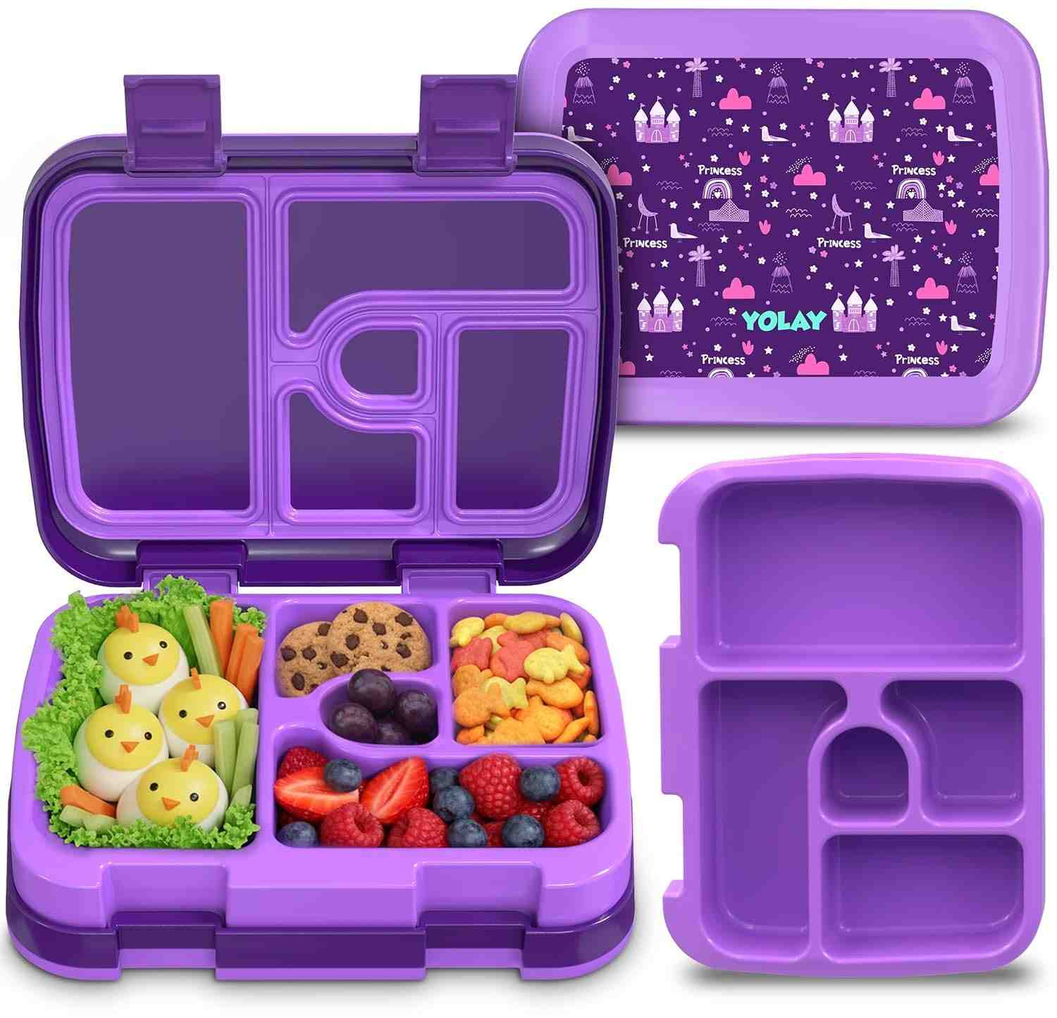YOLAY Bento Box Infantil 5 Compartimentos - Design Princesa Roxo | Lancheira Divertida e Saudável
