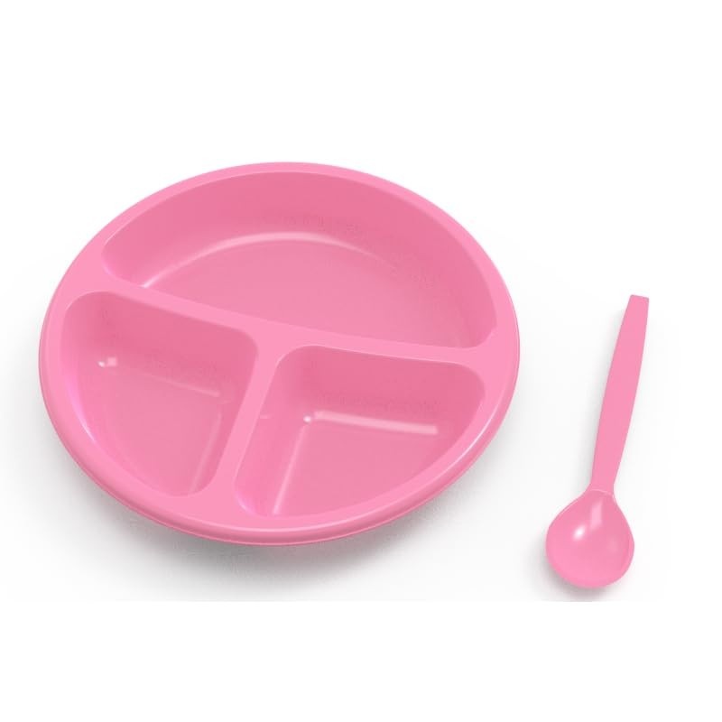 Kit Refeição Infantil Rosa com Prato Dividido e Colher Baby - Seguro e Prático para Bebês