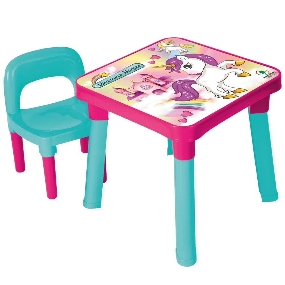 Mesa com Cadeira Unicórnio - Monte Líbano - Brinquedo Educativo Infantil com Temática Mágica