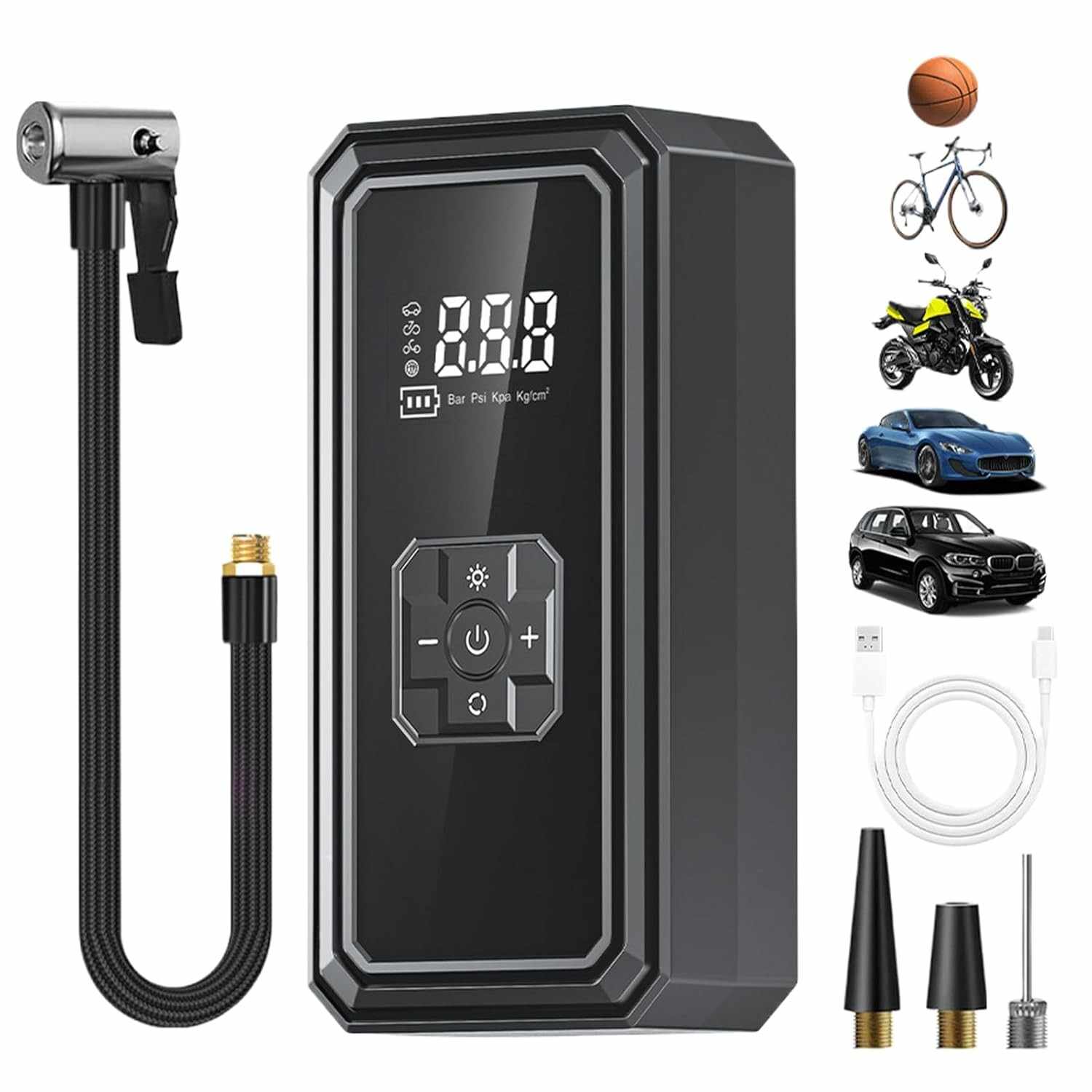 Inflador de Pneu Portátil Sem Fio com Desligamento Automático | Bomba de Ar Recarregável para Carros, Bicicletas, Bolas e Mais