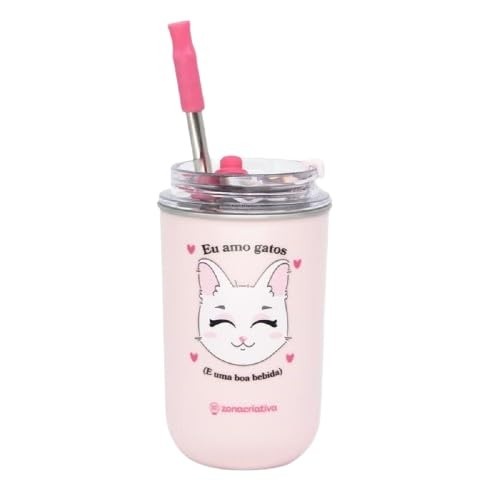Copo Neo com Canudo 300 ML Eu Amo Gatos – Aço Inox Dupla Parede com Design Fofinho