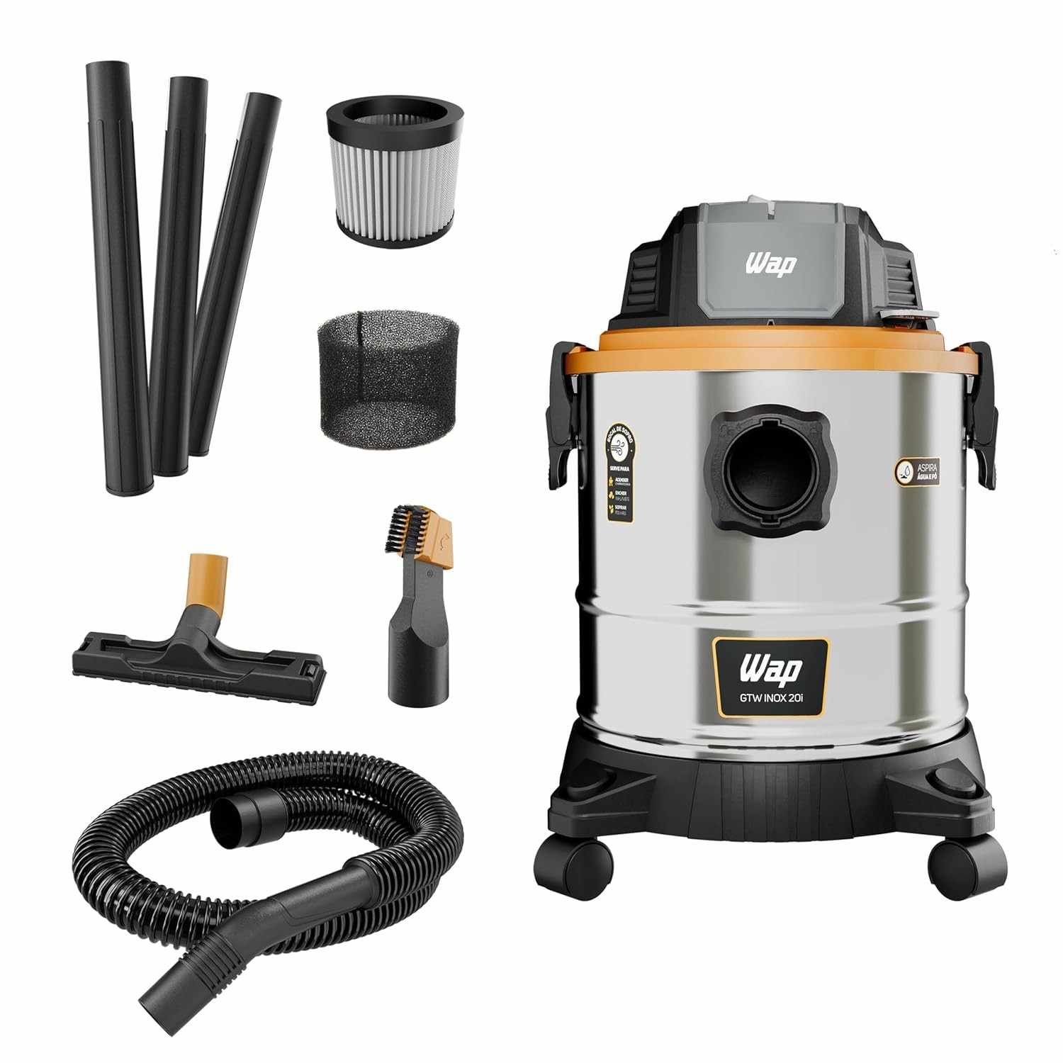 WAP Aspirador de Pó e Água GTW INOX 20i 1900W - Potente e Versátil com Função Soprador