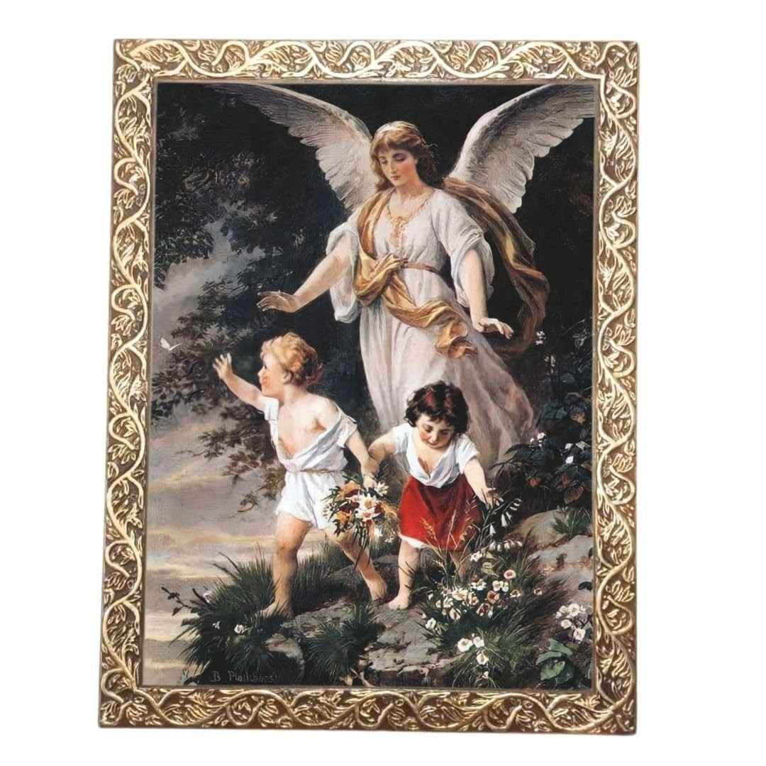 Quadro Decorativo Religioso Anjo da Guarda FR111 - Dourado A3 | Inspire-se com Fé e Esperança