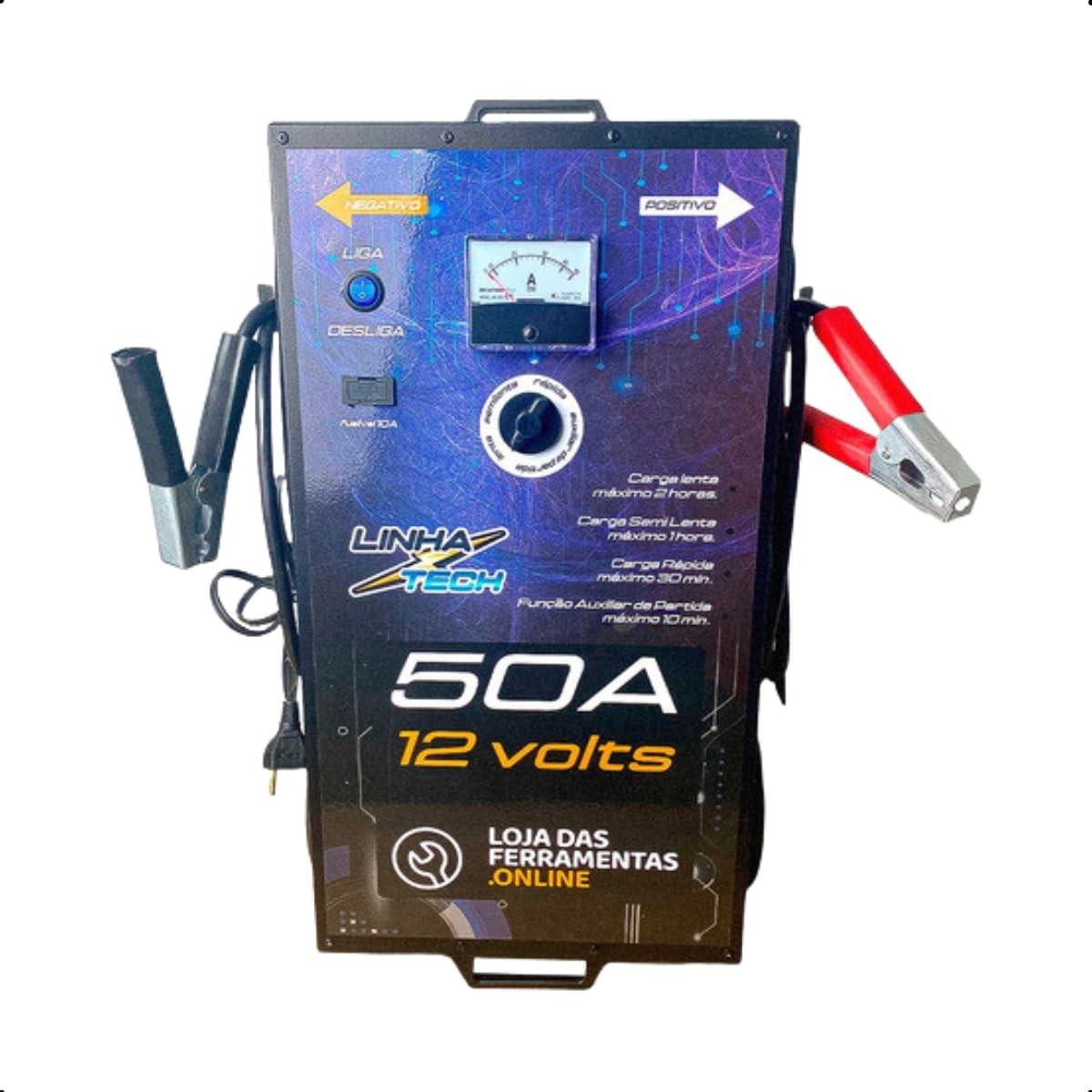Carregador de Bateria 50A 12V Feron Bivolt: Partida Auxiliar e Amperímetro Integrado