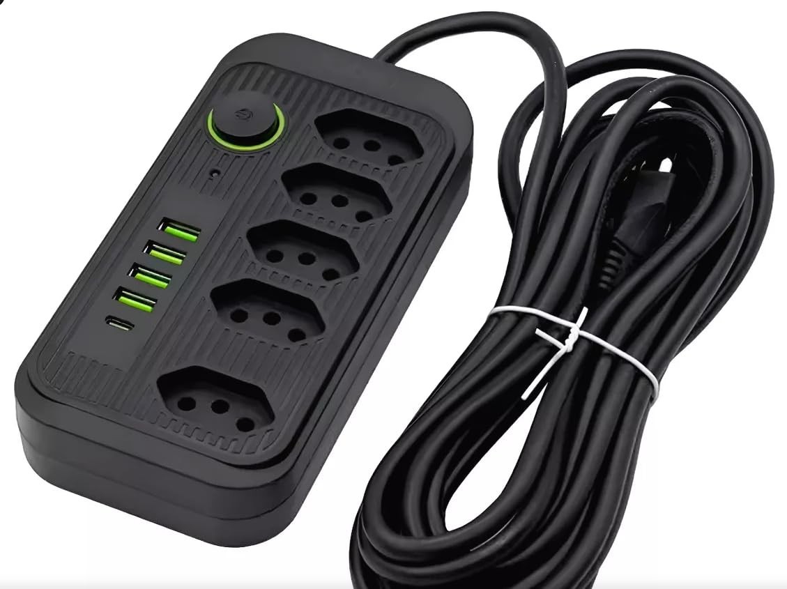 Régua Elétrica Inteligente: 5 Tomadas, 2 USB-C, 4 USB-A, Proteção e Cabo 1,5m