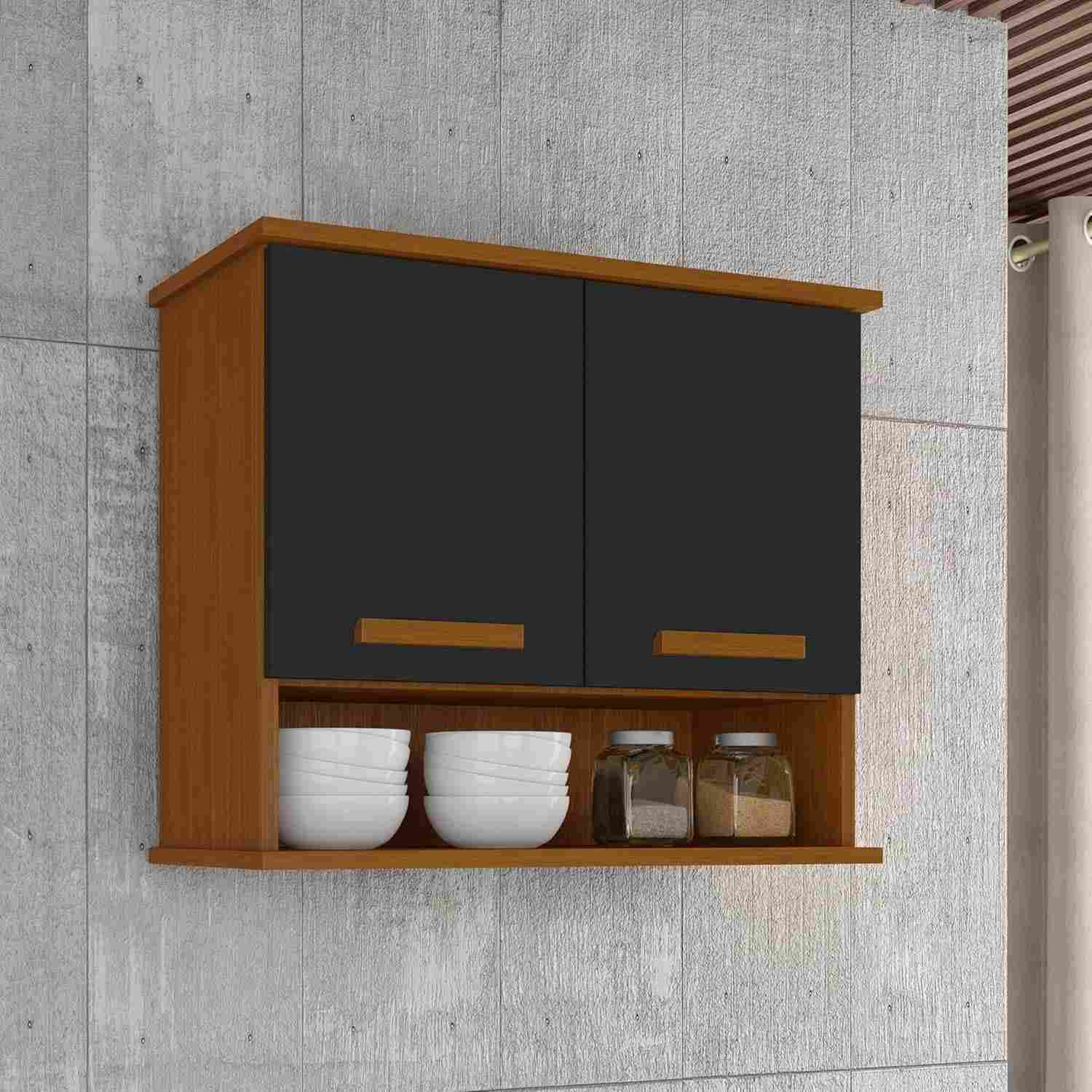 Armário Aéreo Organizador para Cozinha Mavi - Espaço Inteligente Cedro/Preto