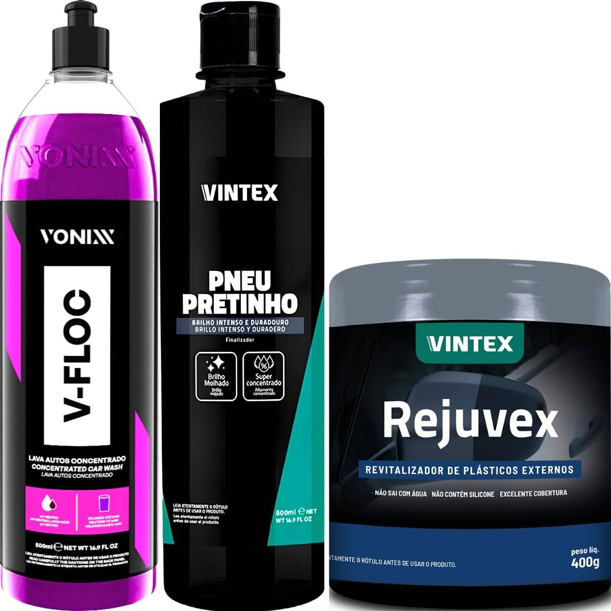 Kit Completo V-Floc: Pneu Pretinho, Rejuvex e Shampoo para Brilho Intenso e Proteção Automotiva