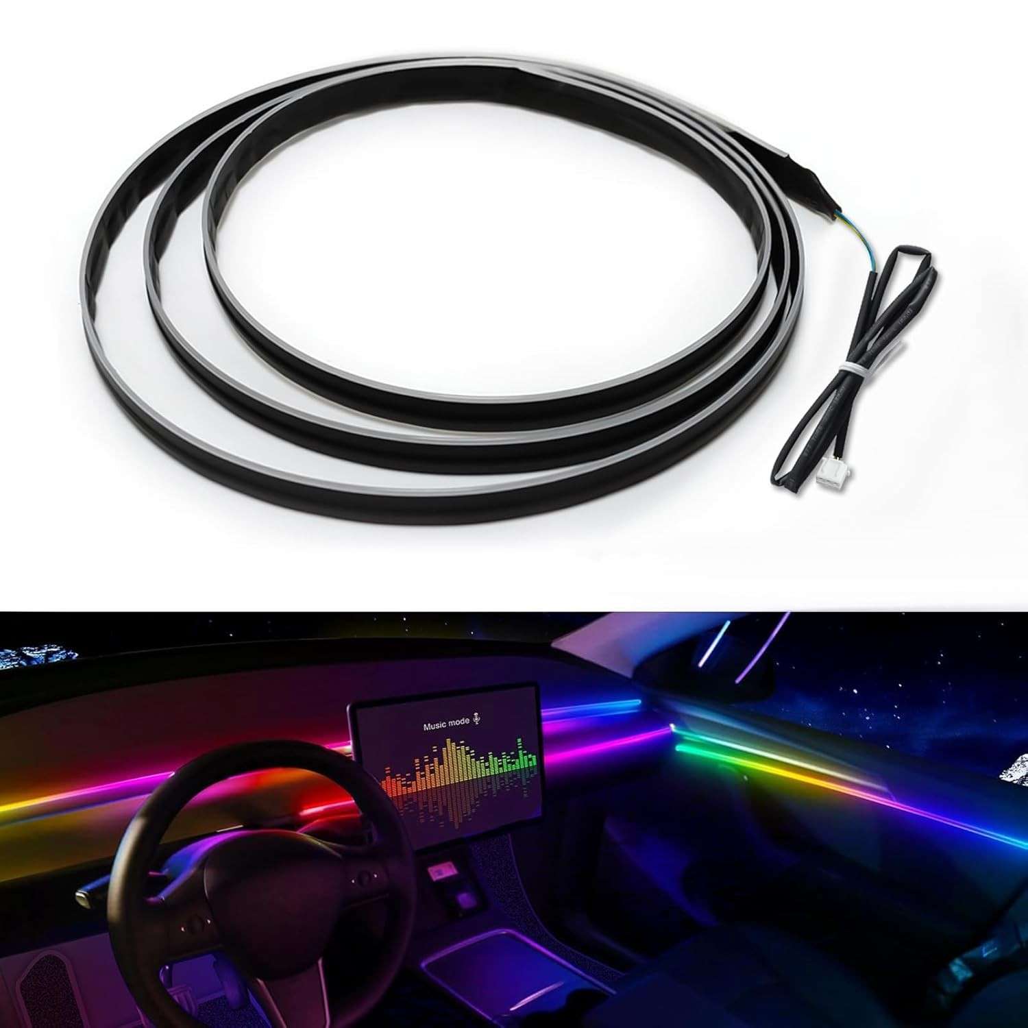 Fita de LED Dreamcolor 109cm para Interior de Carro com Controle por App - Iluminação Ambiente Moderna