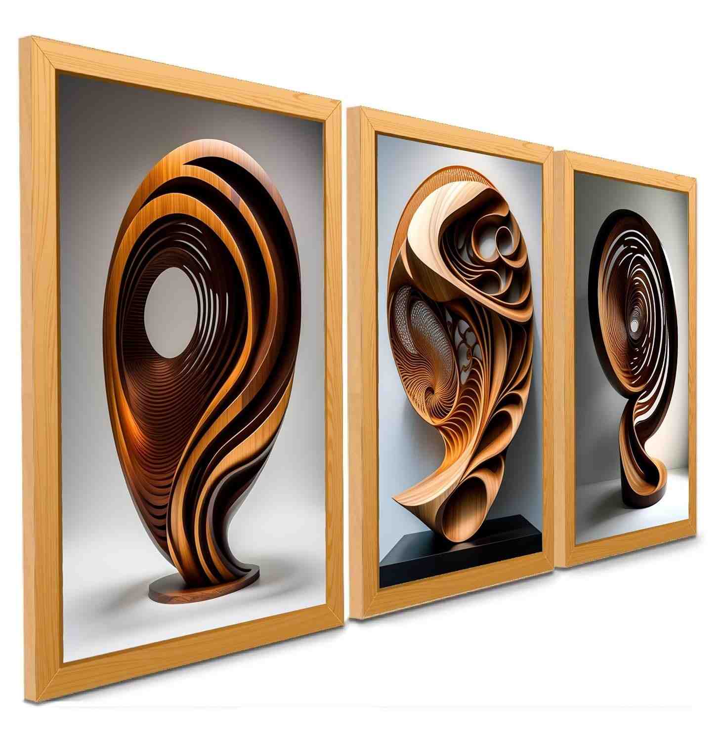 Quadro Decorativo Escultura em Madeira Abstrata - Design Intricado 4K, 3 Peças 90x50cm