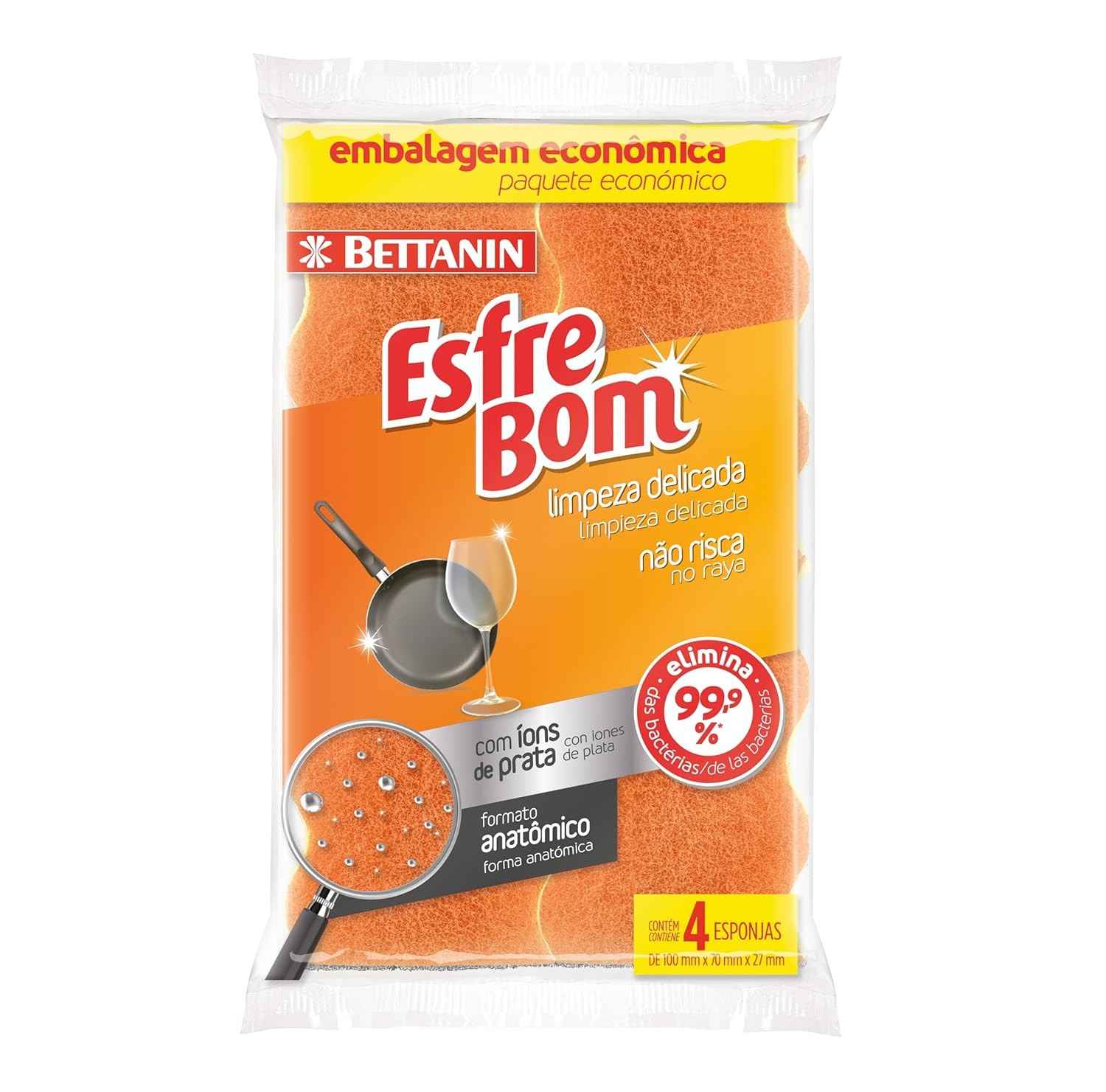 EsfreBom Esponja com Íons de Prata - Limpeza Delicada e Antibacteriana, 4 Unidades