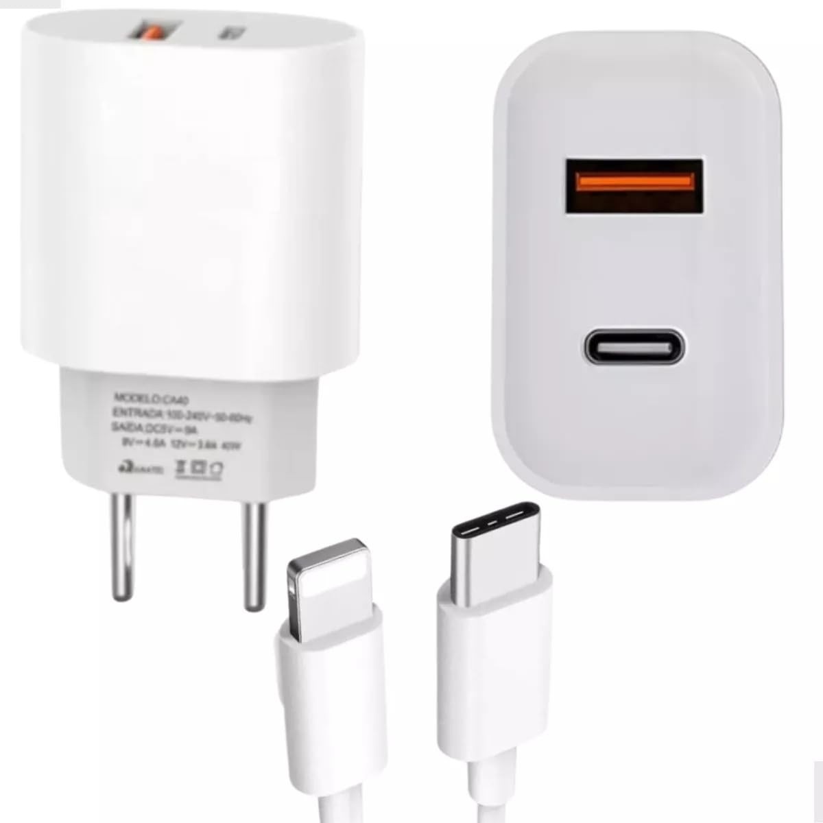 Kit Carregador Turbo 40W iPhone: Dupla USB/USB-C PD 3.0 QC4.0 9.1A + Cabo Lightning