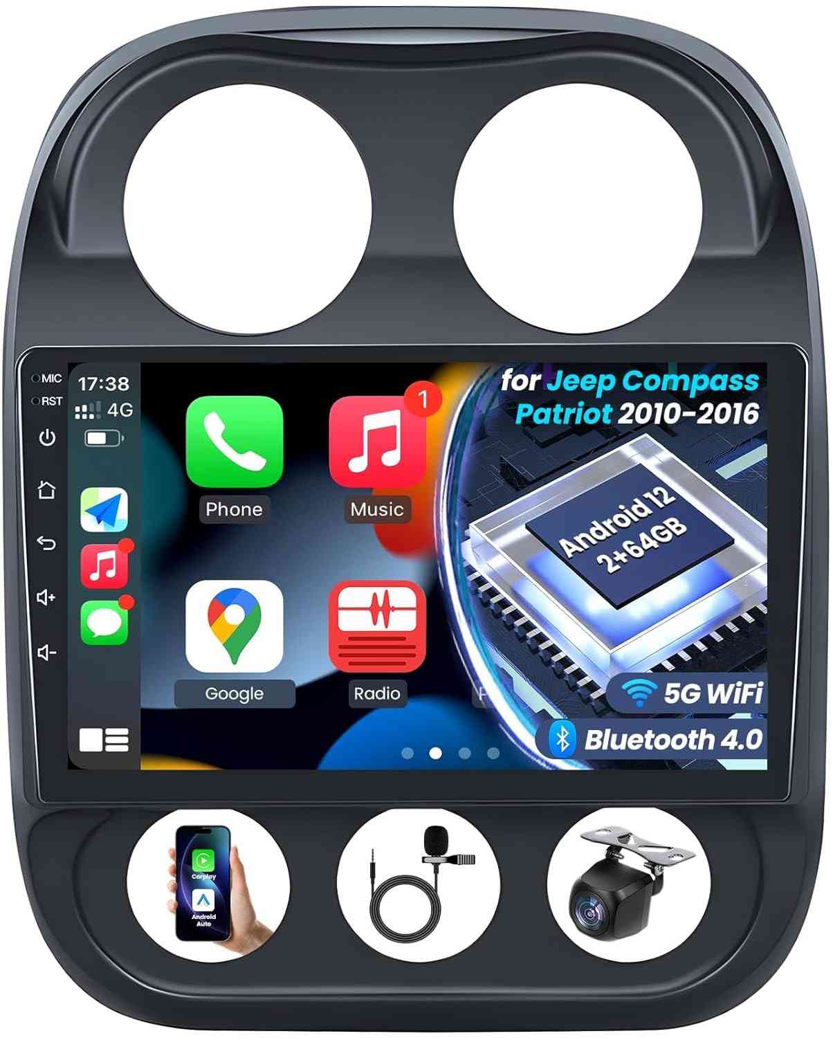 Central Multimídia Jeep Compass Patriot 2010-2016: Tela 10" IPS HD, 2G+64G, CarPlay/Android Auto, GPS, Câmera Ré