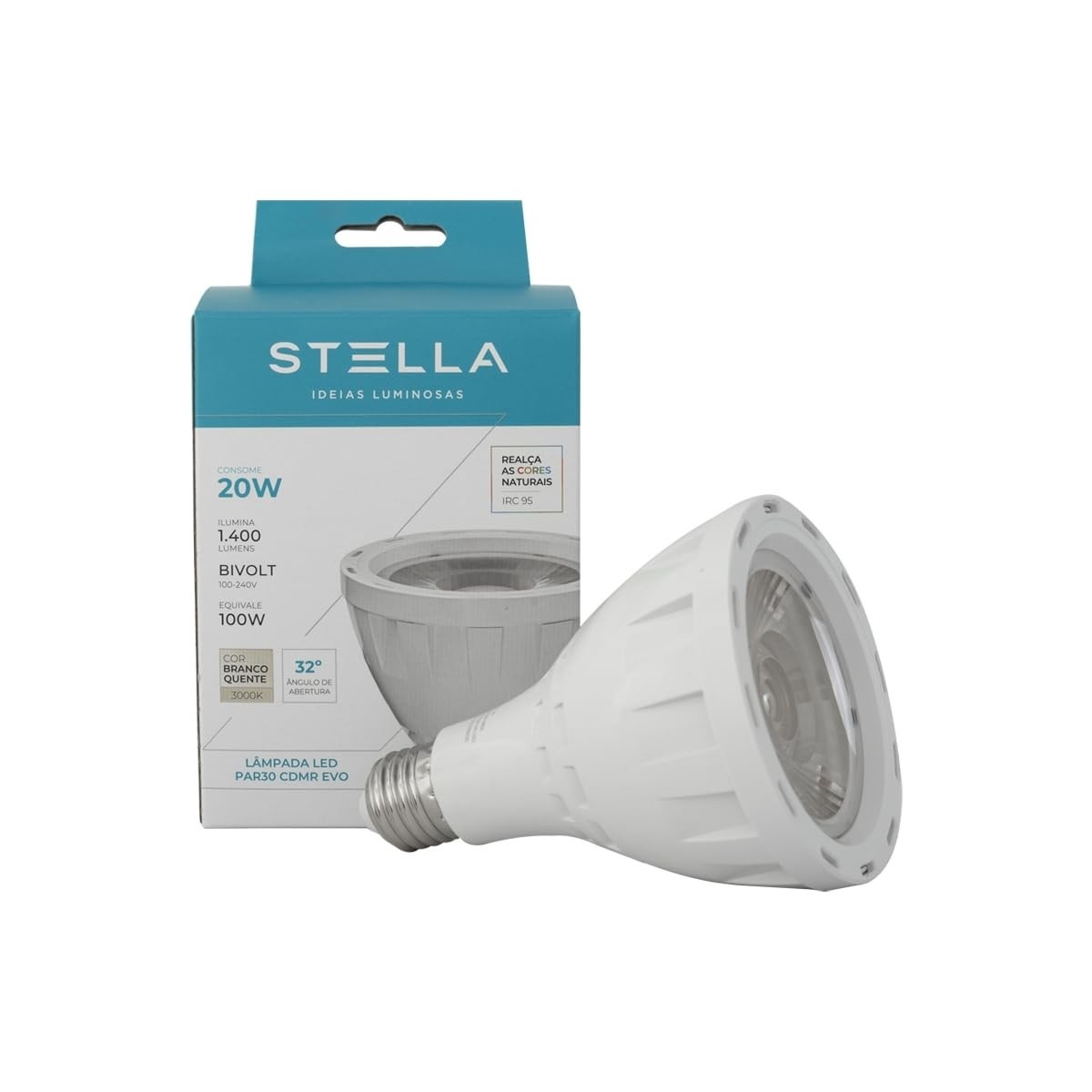 Lâmpada LED PAR30 Evo 20W Stella: Iluminação Premium com IRC 95 e Luz Branca Quente (3000K)