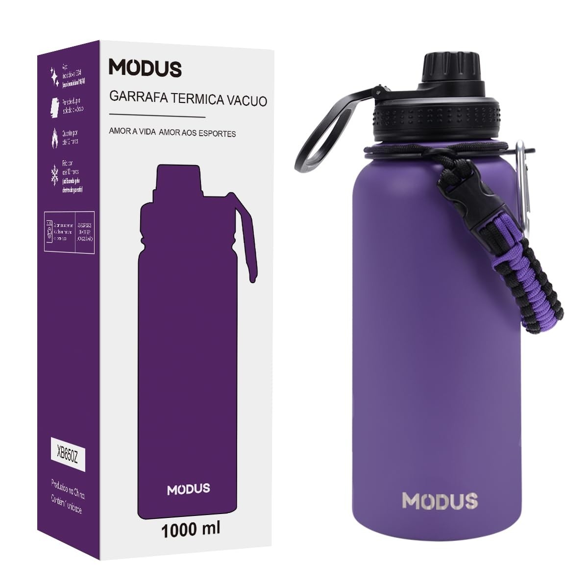 MODUS Garrafa Térmica Esportiva 1000ML - Aço Inoxidável com Isolamento a Vácuo (Roxo)