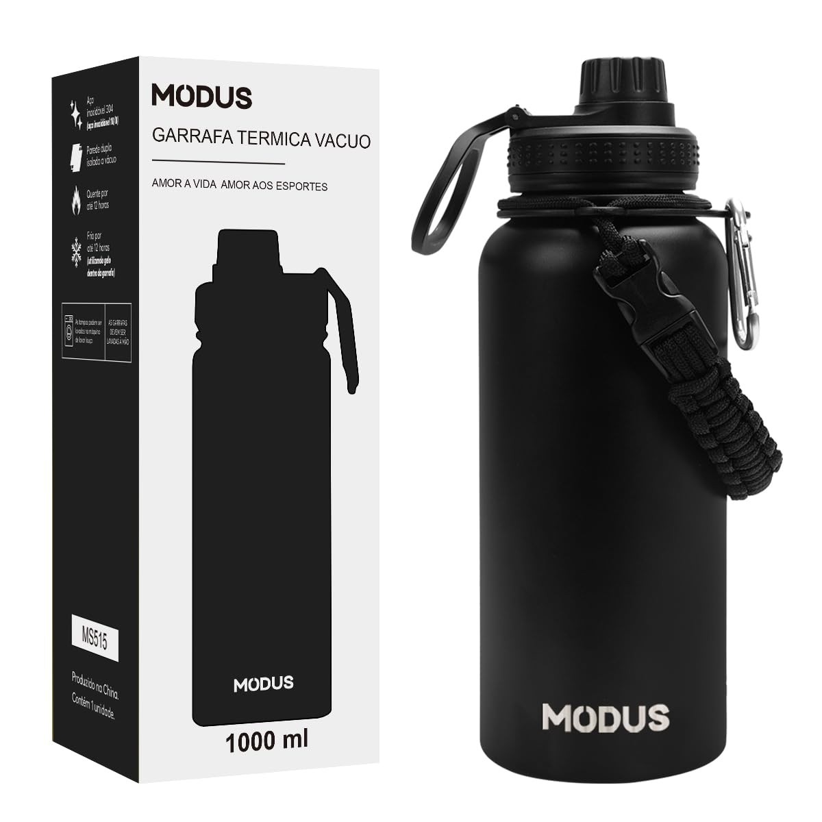MODUS Garrafa Térmica Esportiva 1000ML - Aço Inoxidável com Isolamento a Vácuo (Preto)