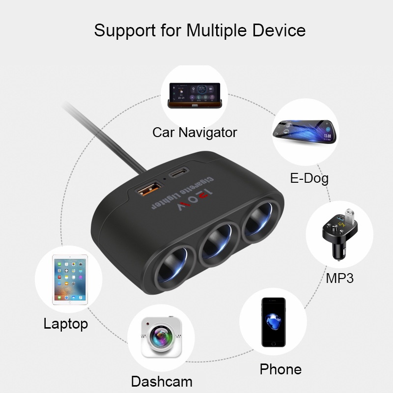 Carregador 3 em 1 para Carro com USB e Isqueiro