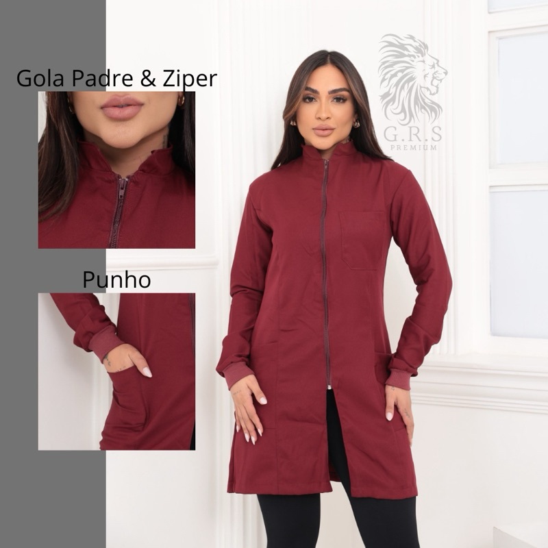 Jaleco Feminino Elegante com Zíper e Gola Padre para Profissões