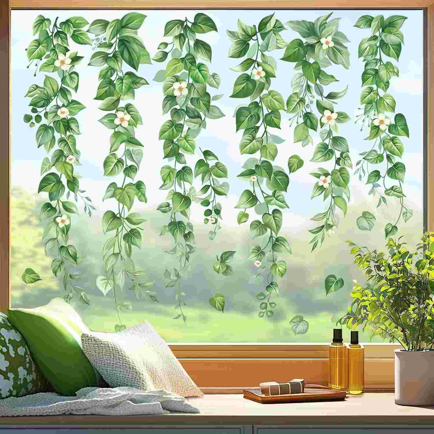 Adesivo de Janela Estático Wondevor com Folhas de Eucalipto - Decoração Verde Moderna