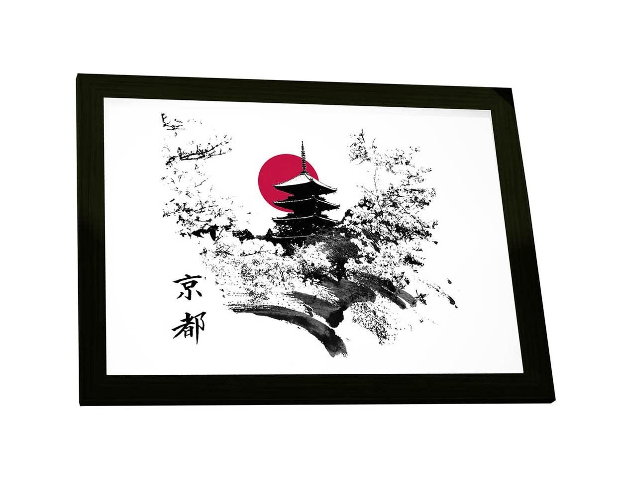 Quadro Decorativo Arte Oriental Japonesa com Moldura de Pinus - Estilo Zen para Ambientes Elegantes