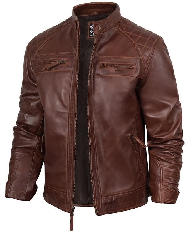 Blingsoul Jaqueta masculina de couro de motocicleta - Jaqueta masculina acolchoada de couro Cafe Racer, Johnson - Jaqueta de couro marrom marrom, PP
