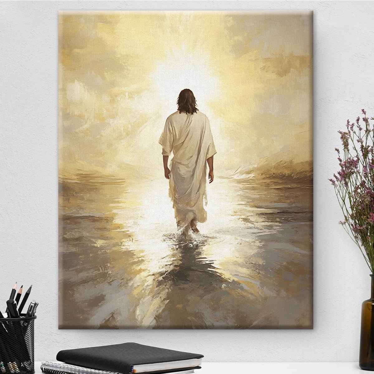 Arte de Parede Cristã - Jesus Andando na Água | Tela Decorativa com Verso Bíblico | 20x25cm