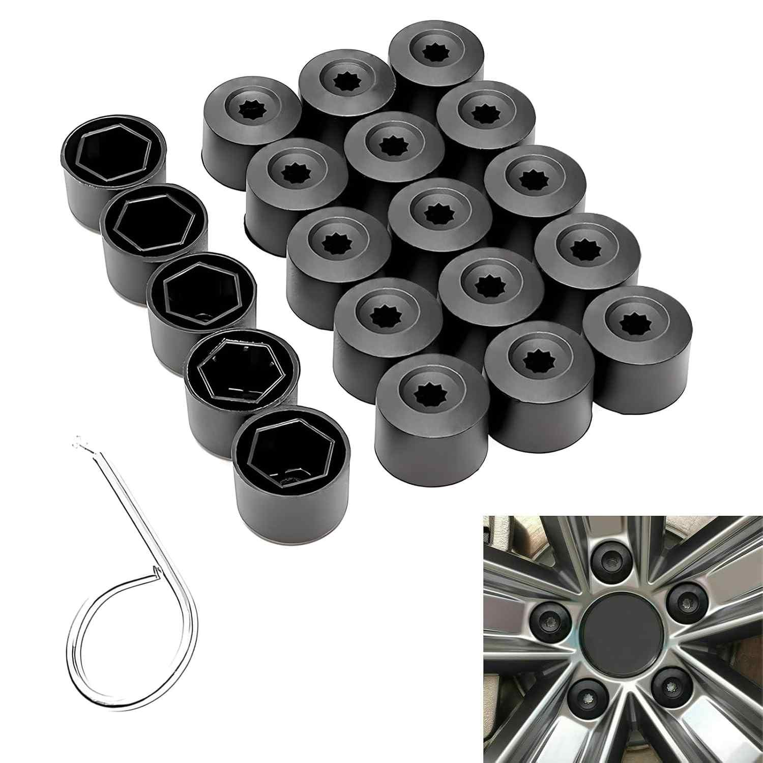 Kit 20 Tampas Porca Roda 17mm Preta + Ferramenta VW Jetta, Golf, Passat