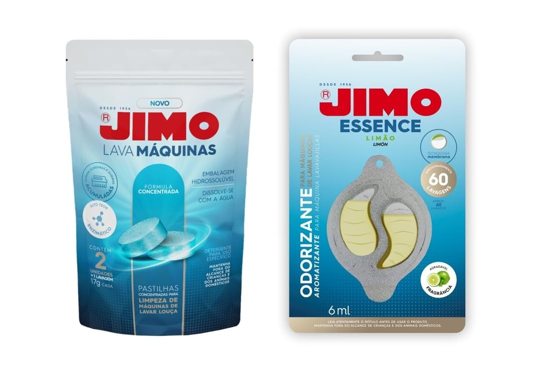 KIT Jimo Lava-Máquinas Nova Fórmula 2x17g + Odorizante Essence Limão 6ml - Limpeza e Fragrância para sua Máquina de Lavar Louças