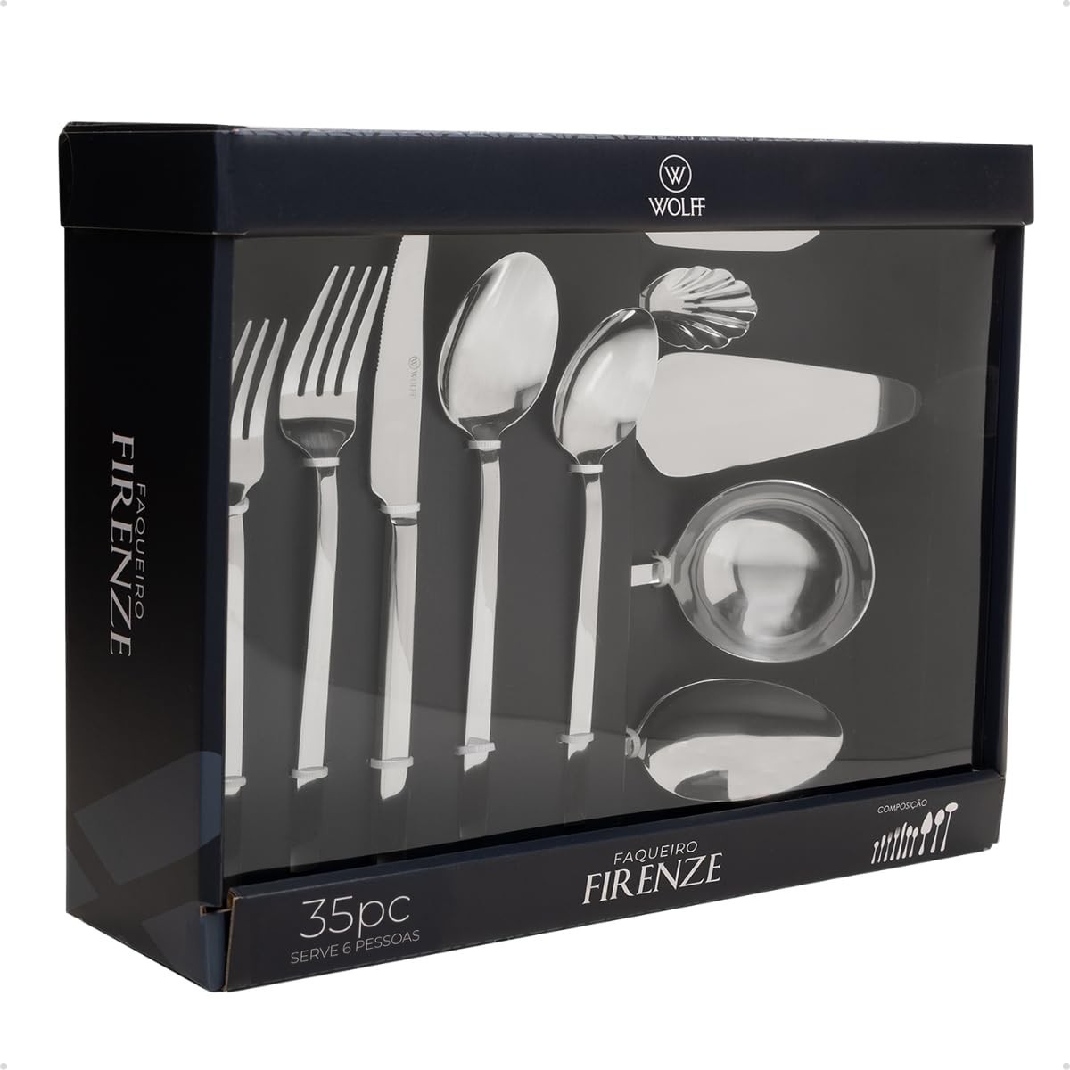 Faqueiro Firenze 35 Peças em Aço Inox – Jogo de Talheres Prateado para Mesa Posta Elegante