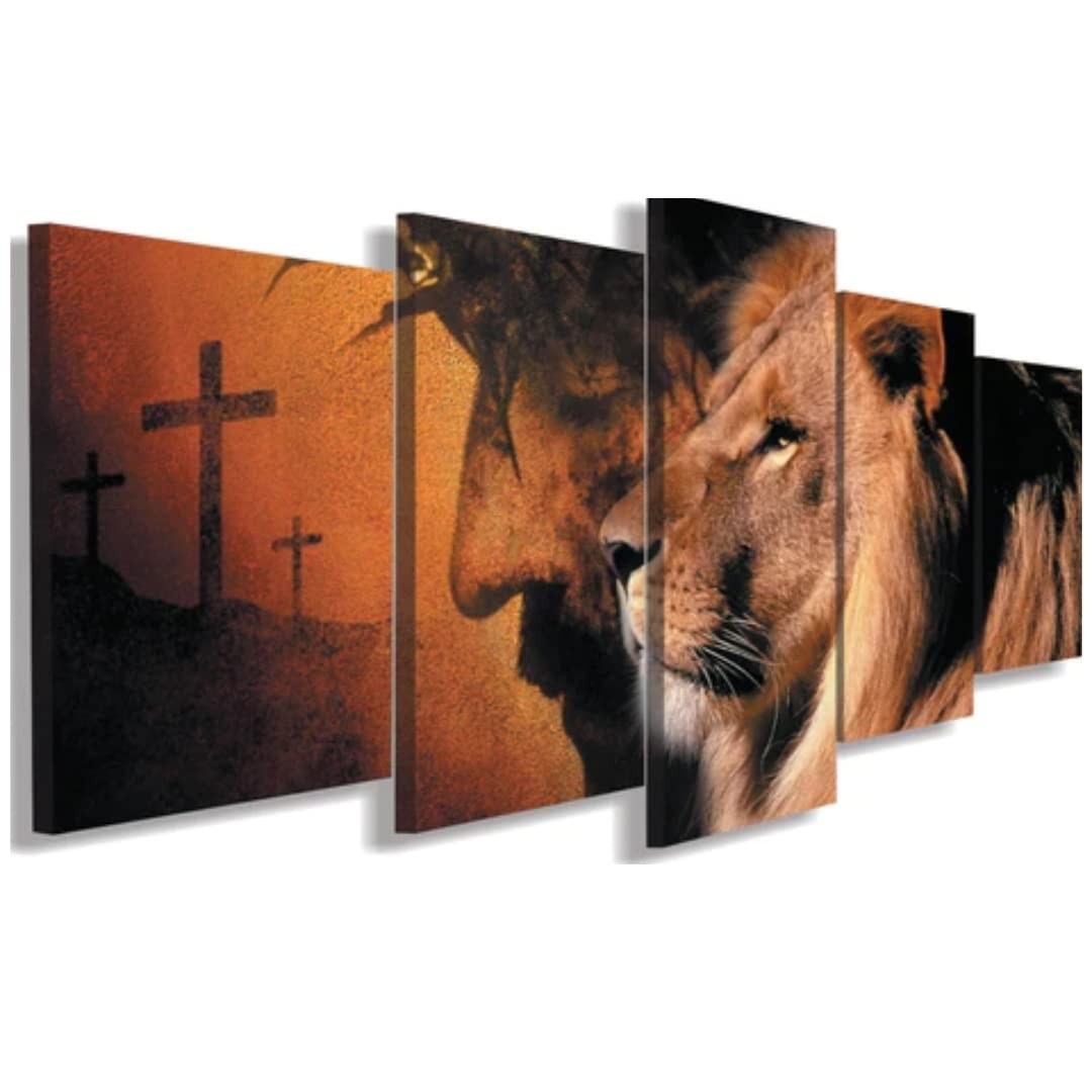 Quadros Decorativos Religiosos Leão de Judá e Jesus com Cruz - Decoração Espiritual para Sala