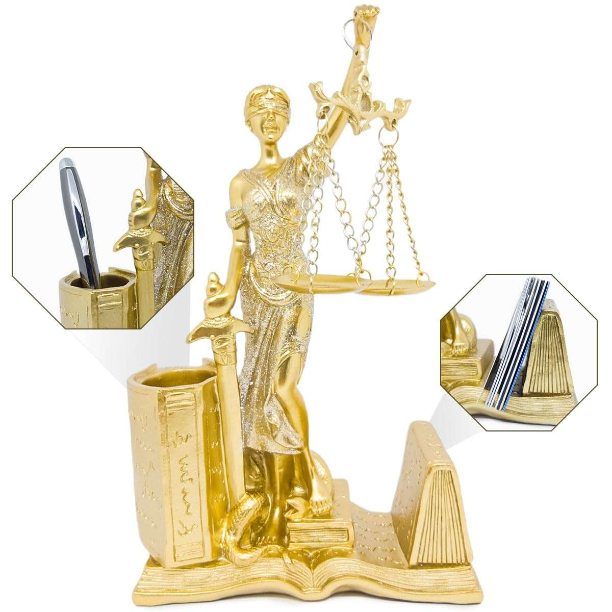 Escultura Decorativa Dama da Justiça Dourada com Brilho - Organizador de Mesa para Escritório com Porta-Canetas e Porta-Cartões