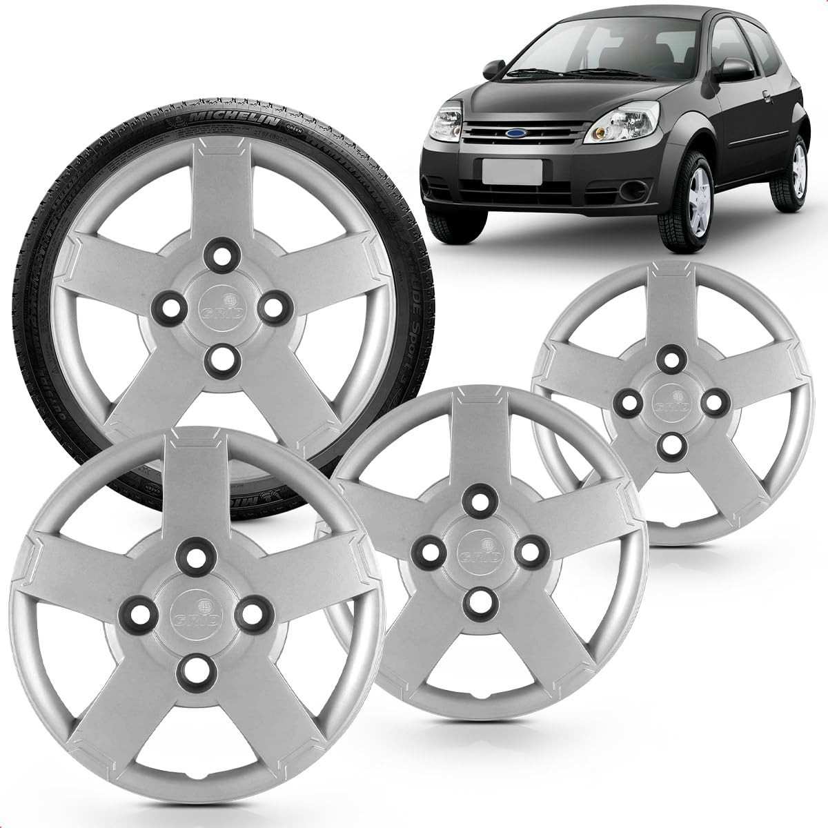 Kit 4 Calotas Ford Ka 2008-2012 Aro 13 Prata Grid - Cubo Baixo