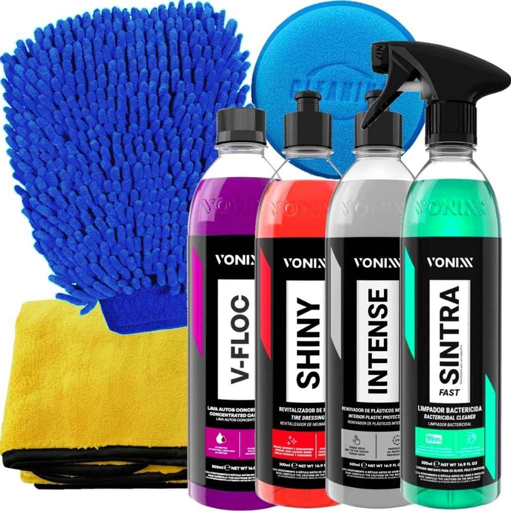 Kit Essencial Vonixx: Sintra Fast, Intense, Shiny, V-Floc + Acessórios Karbox para Detalhamento Automotivo