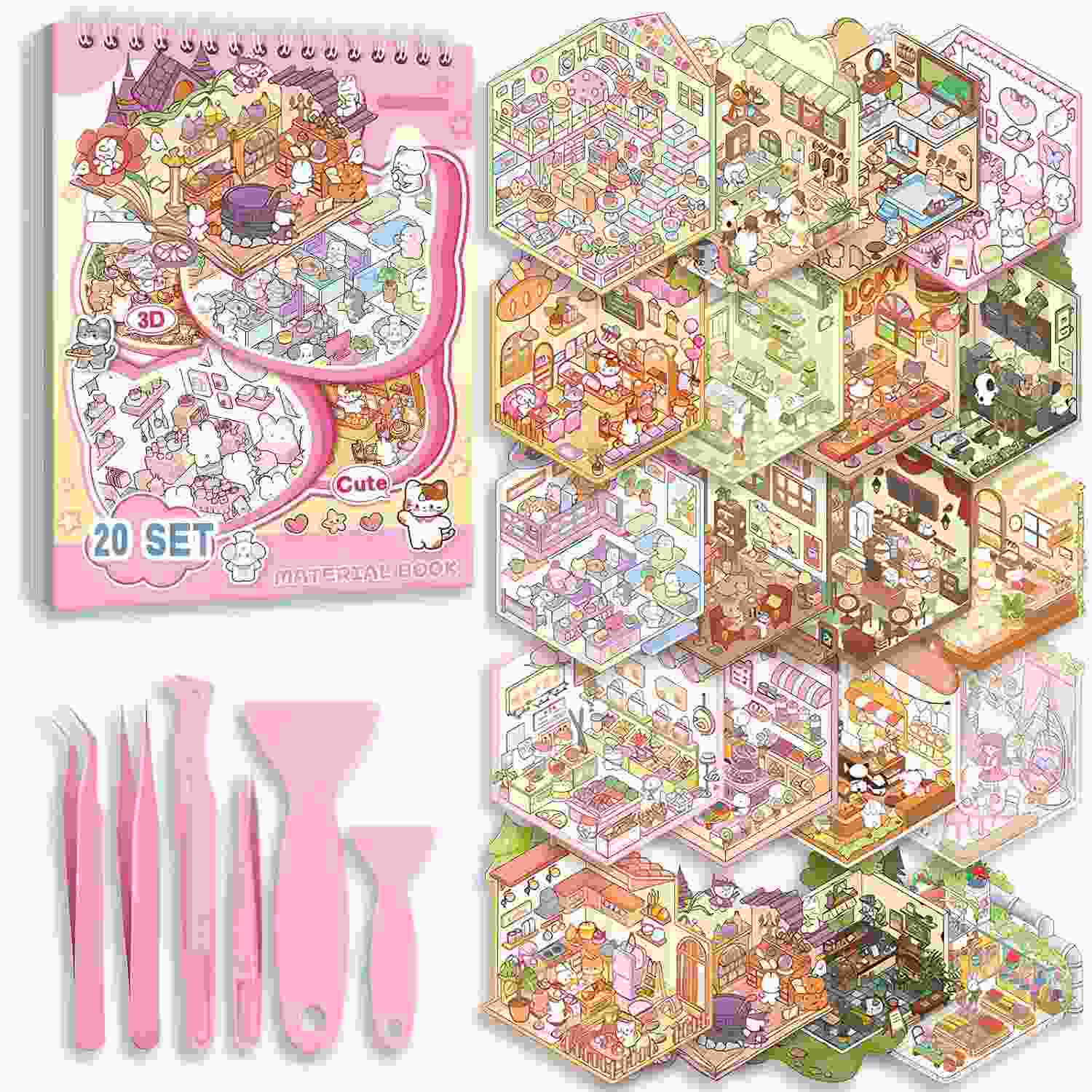 Conjunto de Adesivos 3D DIY Kawaii - 20 Cenas Criativas para Decoração e Alívio de Estresse