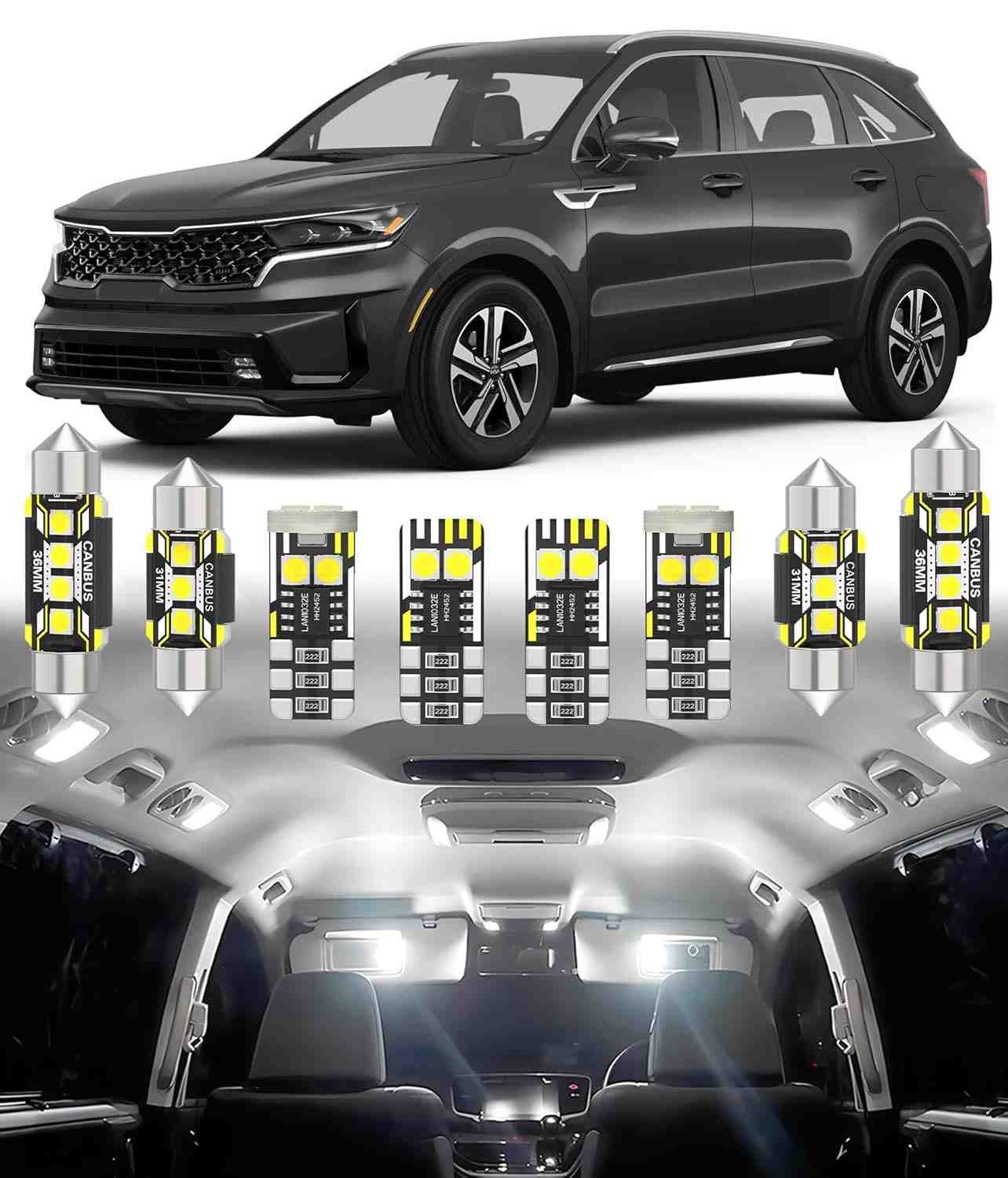 Kit Lâmpadas LED Interior Carro BMT xms para Kia Sorento MQ4 (2021-2024) e Telluride LX (2020-2023) - Super Brilhante 6000K (8 Peças)