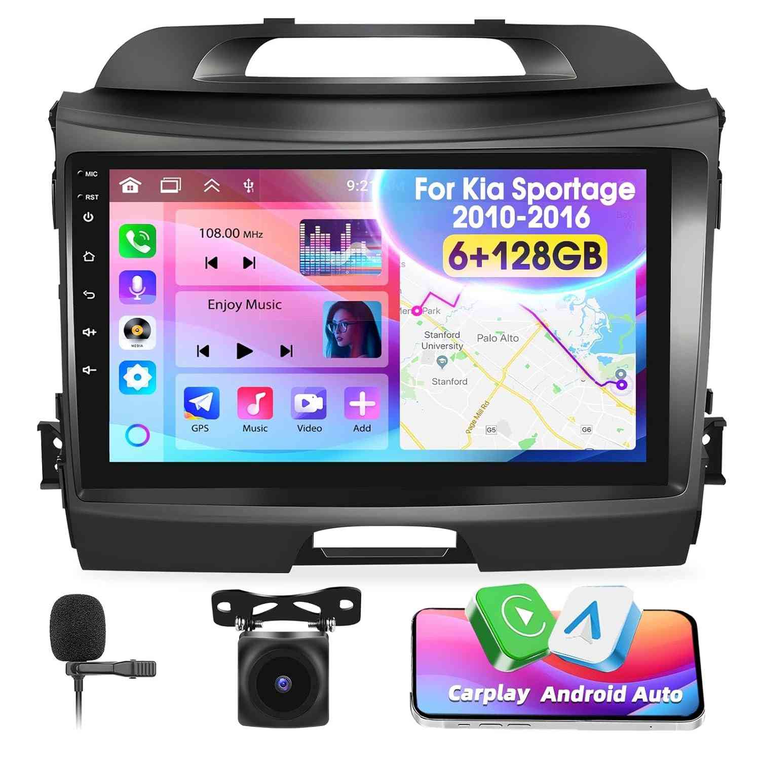 Rádio Automotivo Motorsi 6+128GB para Kia Sportage 2010-2016: Tela 22.9" Android 13, CarPlay/Android Auto Sem Fio, GPS e Câmera