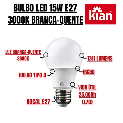 Kit com 5 Lâmpadas LED 15W Branca Quente 3000K E27 Kian