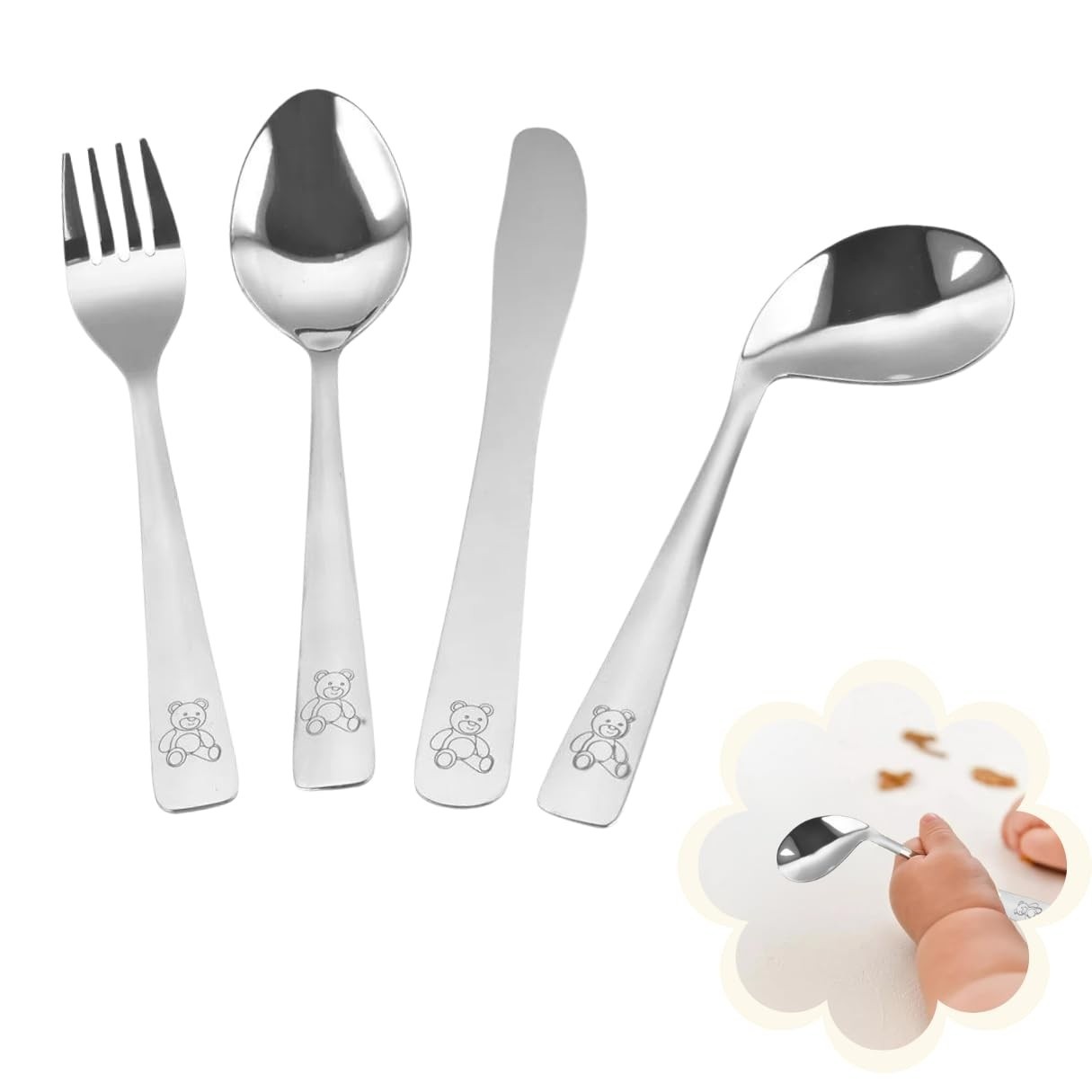 Kit Talheres Infantil 4 Peças Inox Kids Ursinho - Estimule a Independência na Hora da Refeição