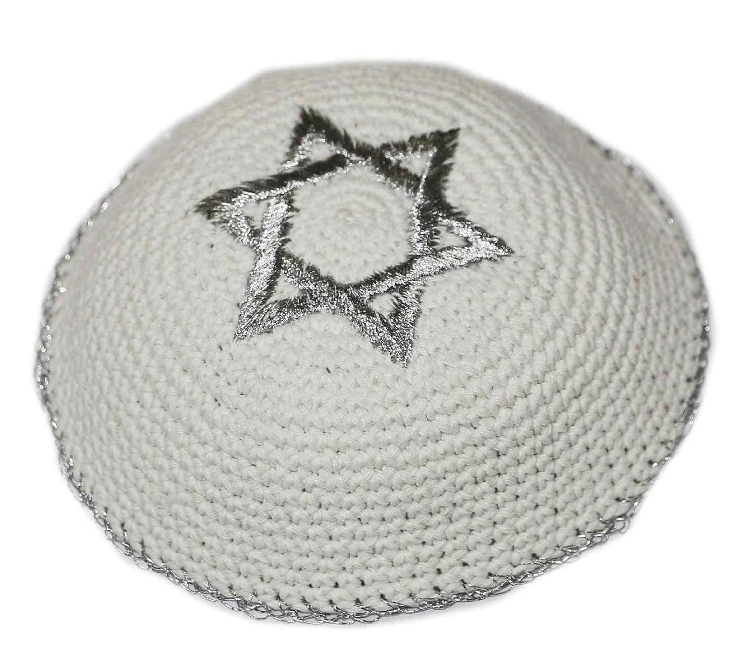 Kipa Judaico Crochê Estrela de Davi - Original de Israel, Branco e Prata