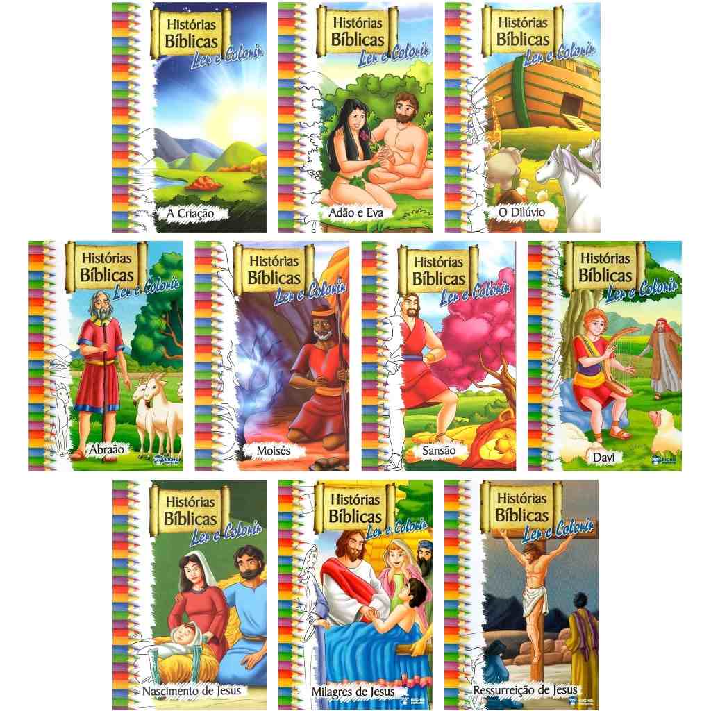 Kit 10 Livros de Histórias Bíblicas para Ler e Colorir – Aprendizado Divertido para Crianças