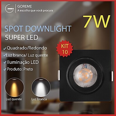 Kit 10 Luminárias Spot LED 7W Direcionáveis para Gesso – Luz Fria e Quente Bivolt