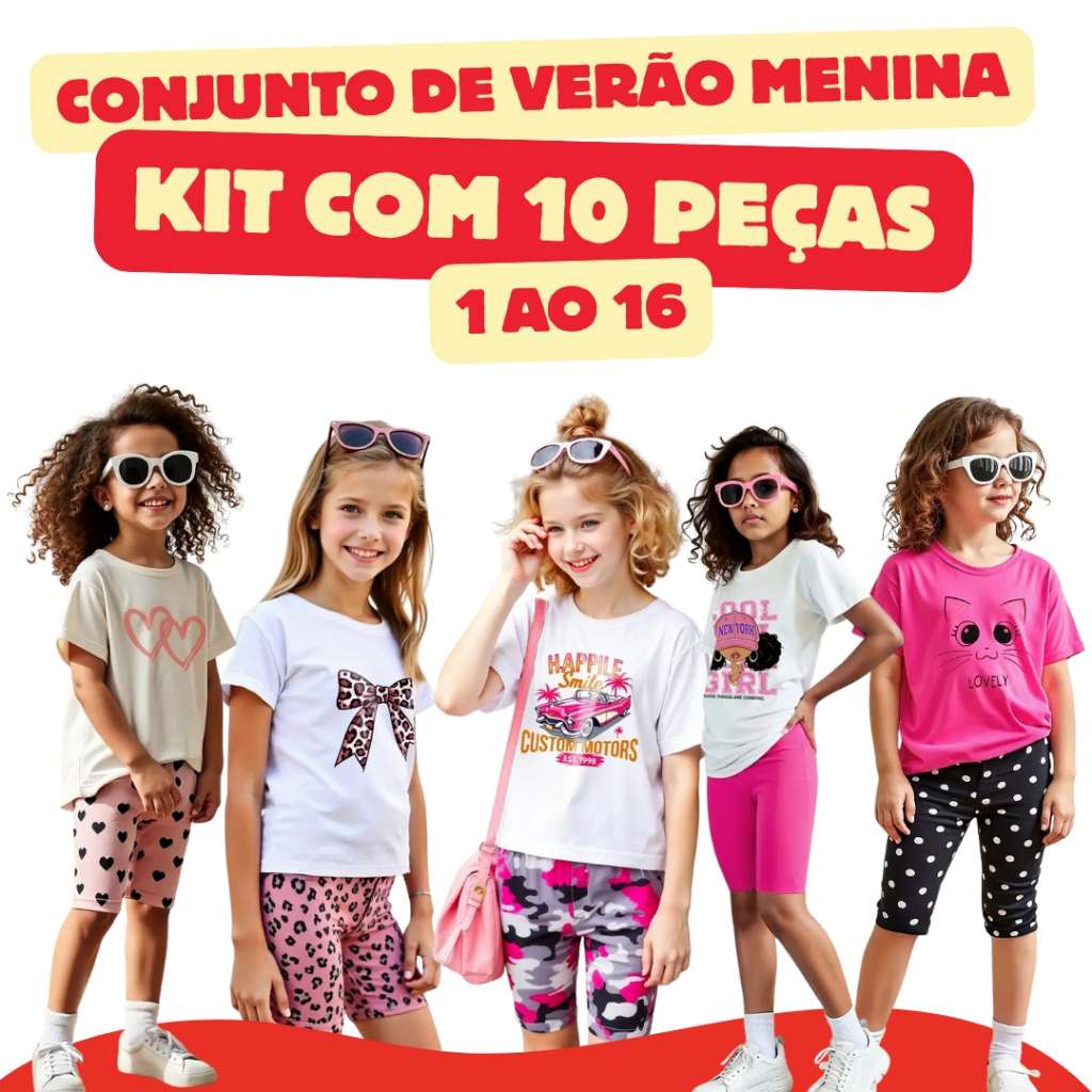Kit 10 Peças Moda Infantil Menina Verão: 5 Camisetas e 5 Bermudas Confortáveis de Algodão