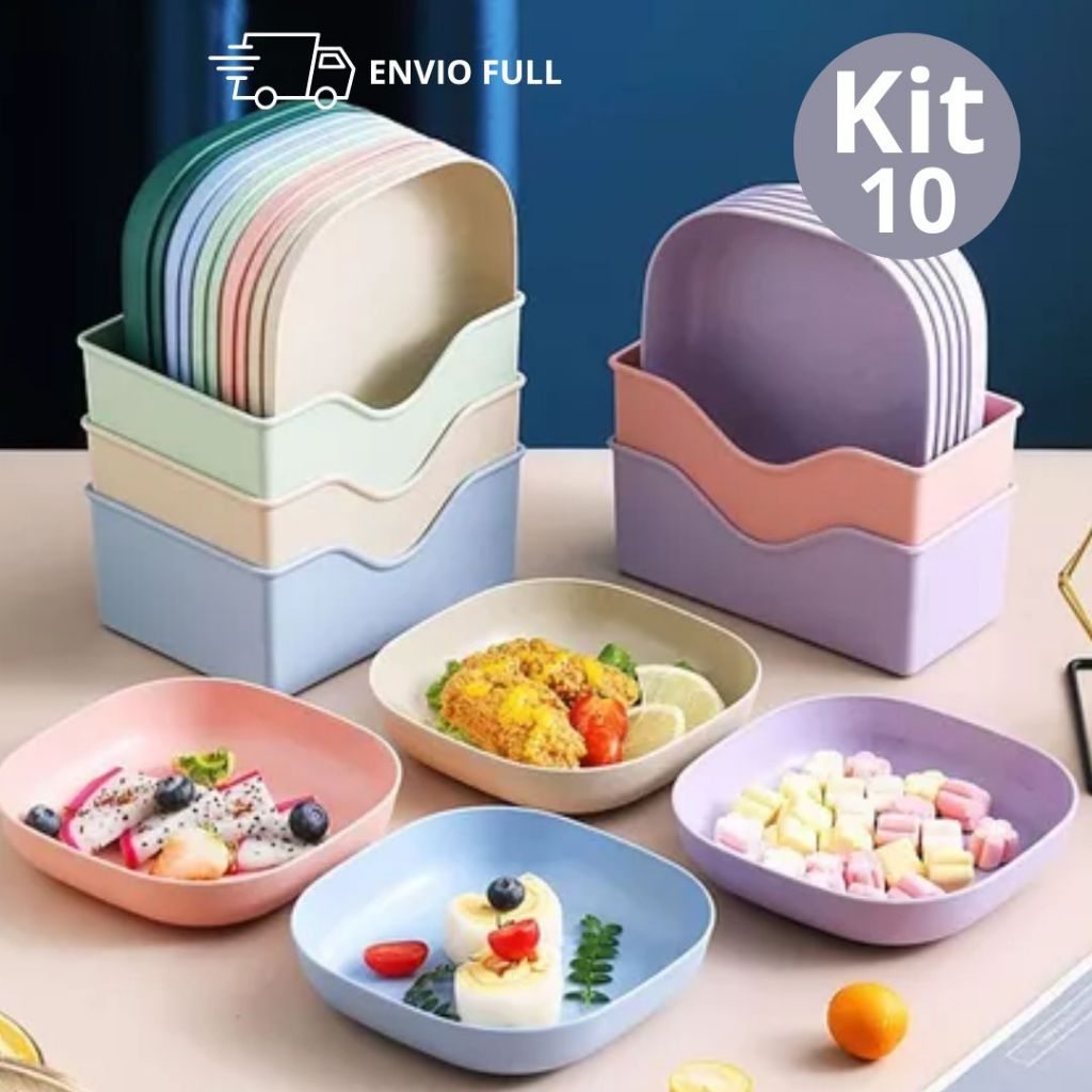 Kit 10 Pratos Plásticos Reutilizáveis + Suporte
