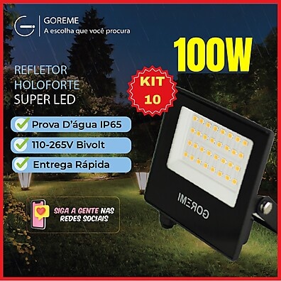 Kit 10 Refletores LED 100W Branco Frio 6500K IP65