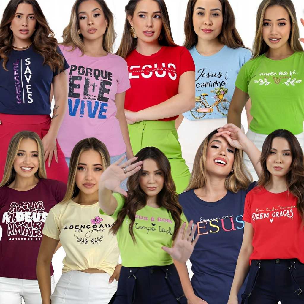 Kit 10 T-shirts Femininas Estampadas - Moda Cristã 100% Algodão